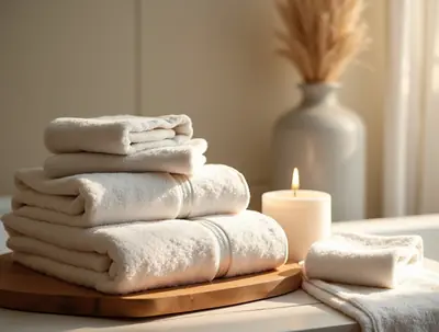 Linge de maison plié et bougie, prêts pour l'arrivée des voyageurs